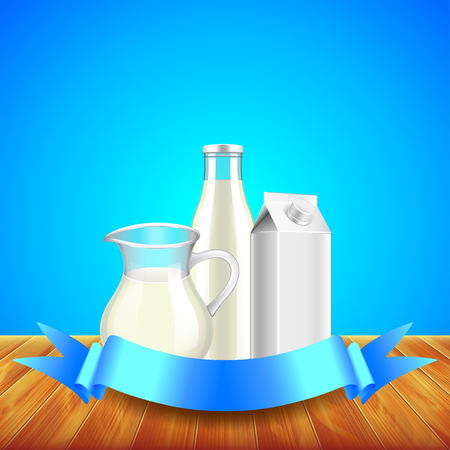 Milk with ribbon for text on wooden table, blue background vectorのイラスト素材