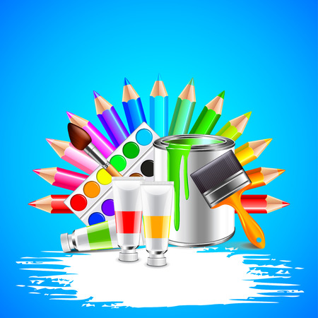 Art tools and white grunge stripe on blue background vectorのイラスト素材