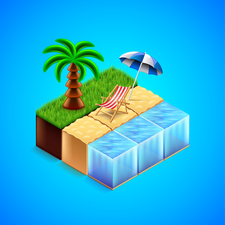 Tropical resort concept. Beach with deck chair and palm tree vectorのイラスト素材