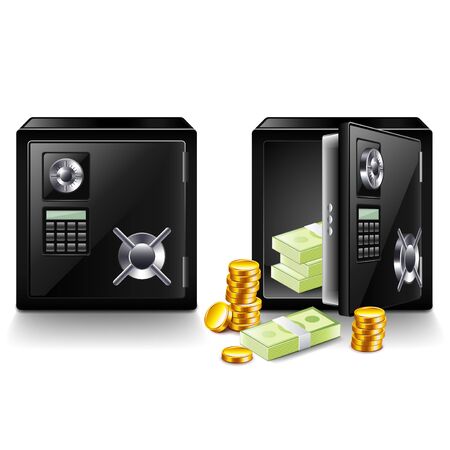 Closed and opened safe with money isolated photo-realistic vector illustrationのイラスト素材