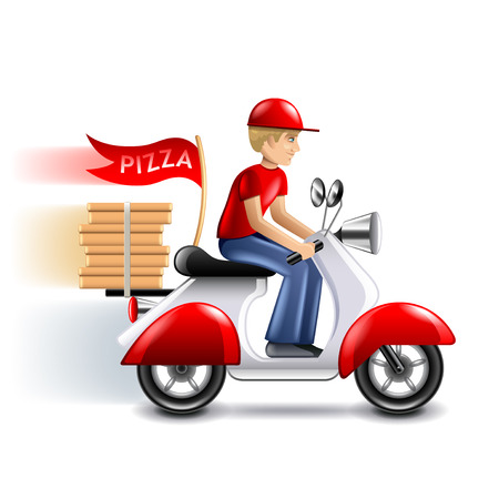Pizza delivery courier on scooter isolated on white vector illustrationのイラスト素材