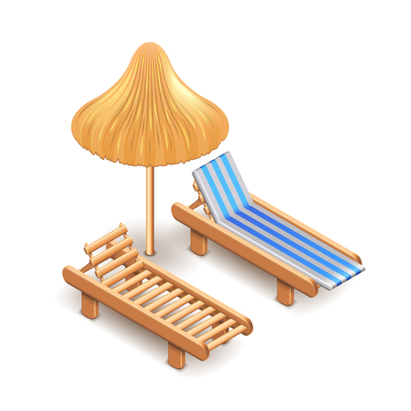 Beach umbrella and deck chair isolated on white photo-realistic vector illustrationのイラスト素材
