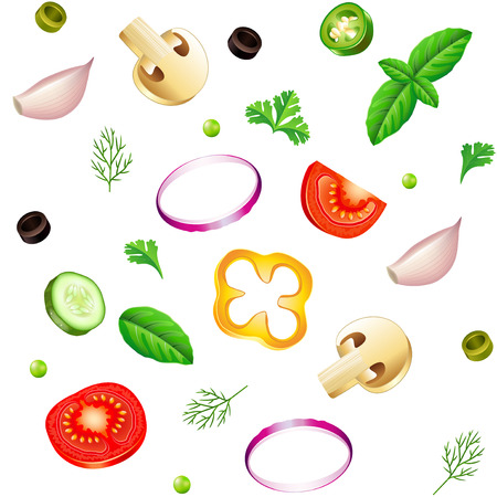 Sliced vegetables seamless pattern in isolated background. vector illustrationのイラスト素材