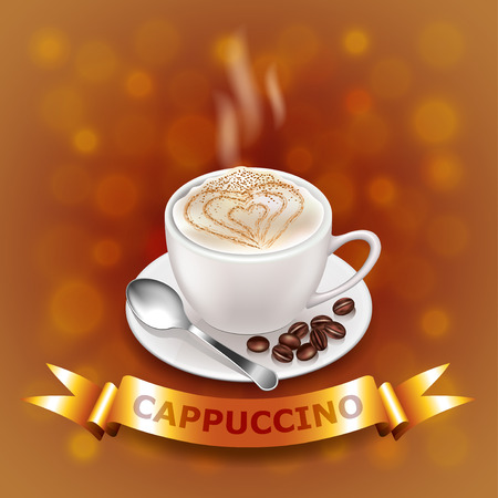 cappuccino on coffee-colored background with gold ribbon photo realistic vectorのイラスト素材