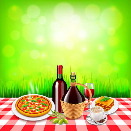 italian food on checkered tablecloth table and green grass background photo realistic vectorのイラスト素材