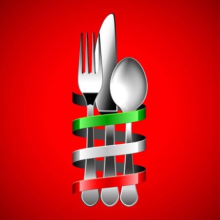 silver cutlery and italian flag ribbon around it on red background photo realistic vectorのイラスト素材
