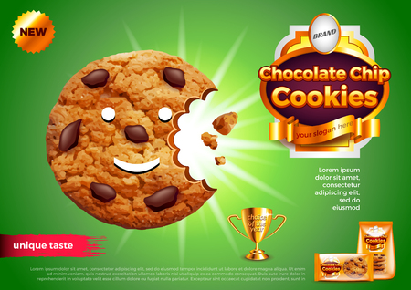 Chocolate chip cookies ads. 3d illustration and packaging Vector illustration.のイラスト素材