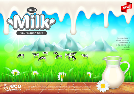 Milk ads. Jug on wooden table, green field background. 3d illustration.のイラスト素材