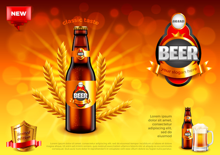 Beer ads 3d illustration and design, Bottle and wheats on gold bokeh background.のイラスト素材