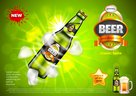 Beer ads 3d illustration and design, Bottle with ice cubes on green background.のイラスト素材