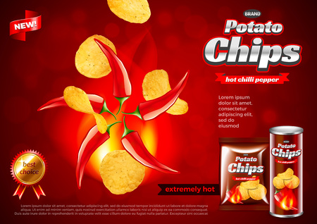 Chips ads with Hot chili pepper flavor. 3d illustration and packagingのイラスト素材