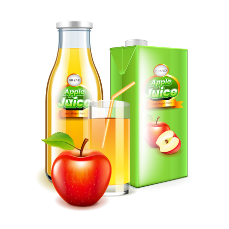 Apple juice in glass bottle and box packaging realistic vectorのイラスト素材