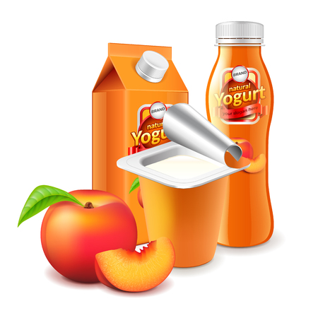 Peach yogurt packaging box bottle and cup 3d photo realistic vectorのイラスト素材