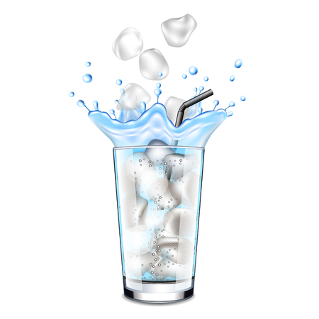 Ice cubes falling into glass of water 3d realistic vectorのイラスト素材