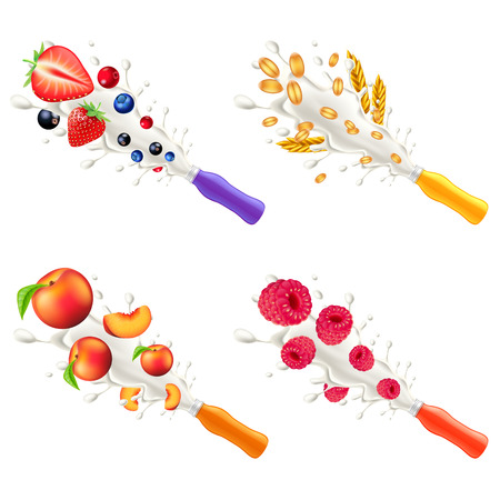 Yogurt explosion from plastic bottle. Forest fruits, cereals, peach and raspberry 3d vector setのイラスト素材