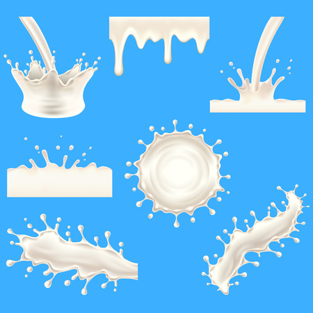 Milk splashes on blue background 3d photo realistic vector setのイラスト素材
