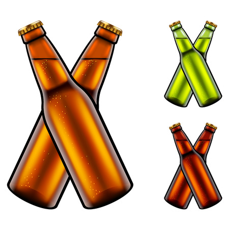 Two clinking beer bottles light dark and green 3d realistic vector setのイラスト素材