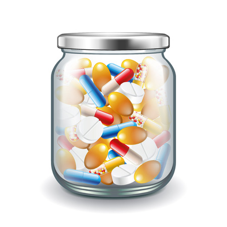 Medicine pills in glass jar isolated on white photo-realistic vector illustrationのイラスト素材