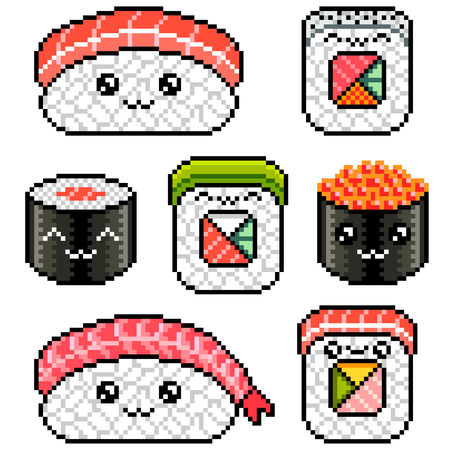 Pixel art cute sushi rolls set detailed illustration isolated vectorのイラスト素材