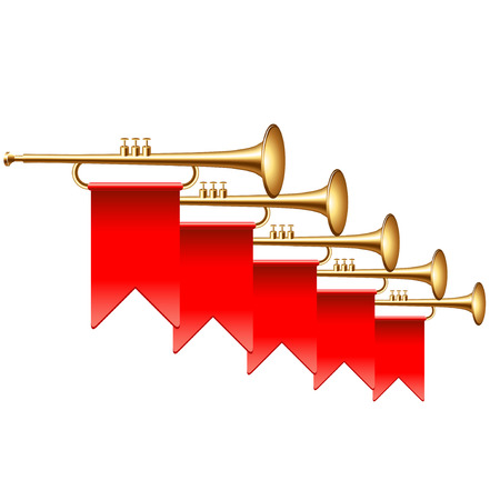 Trumpets with red flags isolated on white photo-realistic vector illustrationのイラスト素材