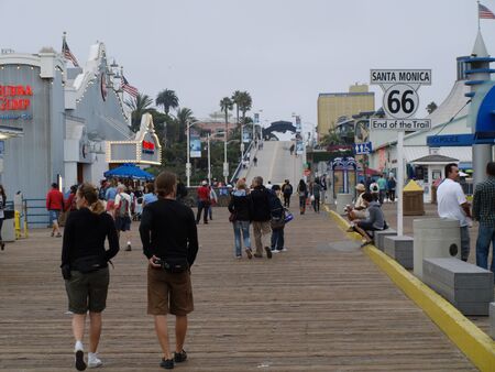 LOS ANGELES - SEPTEMBER 20  The end of the famous Route 66 in Los Angeles, CA on September 20, 2011  Route 66 was established on November 11, 1926のeditorial素材