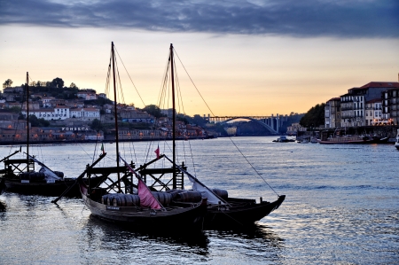 Wine boats on river Douro, Porto, Portugalの写真素材