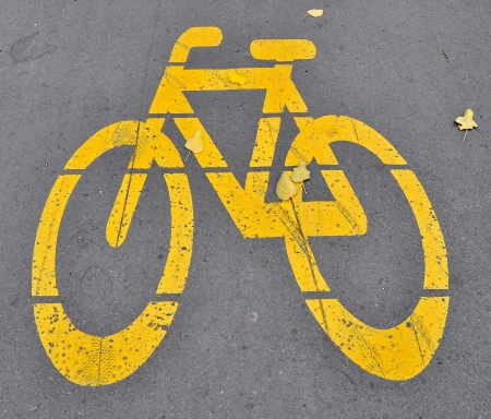 Bicycle roadsign with autumn leavesの写真素材