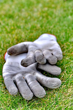 Dirty gardening gloves on the grassの写真素材