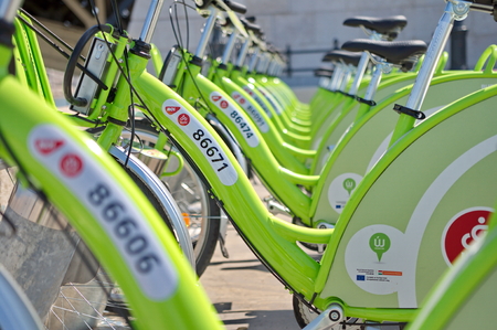 BUDAPEST, HUNGARY - JUNE 01 2014 Auckland waterfront bike hire Many cities around the world have bicycle sharing systems or community bicycle programs The first was the White Bicycle plan in Amsterdam in 1965 のeditorial素材