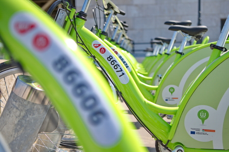 BUDAPEST, HUNGARY - JUNE 01 2014 Auckland waterfront bike hire Many cities around the world have bicycle sharing systems or community bicycle programs The first was the White Bicycle plan in Amsterdam in 1965 のeditorial素材