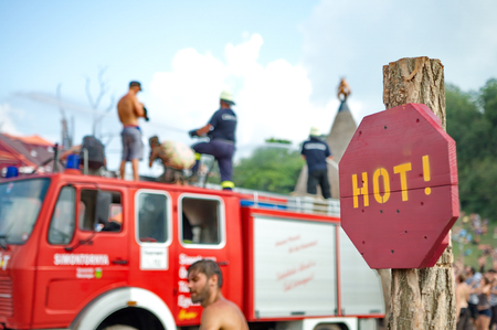 OZORA, HUNGARY - AUGUST 01  Fire department spray water on crowd on Ozora Festival, one of the...