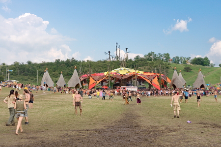 OZORA, HUNGARY - AUGUST 01  Main stage on Ozora Festival, one of the greatest psychedelic music gathering in Euorpe  Ozora, Hungary, Europe August 01, 2014 のeditorial素材