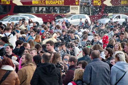BUDAPEST, HUNGARY - APRIL 04:Pillow fight day on Heroes Square  in Budapest, Hungary on April 04, 2015のeditorial素材