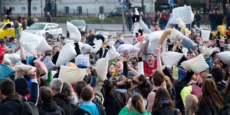 BUDAPEST, HUNGARY - APRIL 04:Pillow fight day on Heroes Square  in Budapest, Hungary on April 04,...