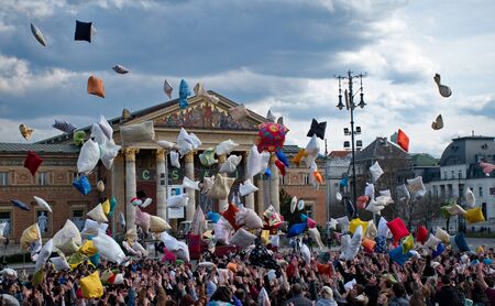BUDAPEST, HUNGARY - APRIL 04:Pillow fight day on Heroes Square  in Budapest, Hungary on April 04, 2015のeditorial素材