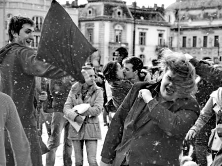 BUDAPEST, HUNGARY - APRIL 04:Pillow fight day on Heroes Square  in Budapest, Hungary on April 04,...
