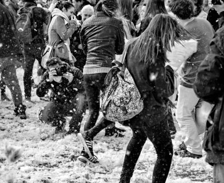 BUDAPEST, HUNGARY - APRIL 04:Pillow fight day on Heroes Square  in Budapest, Hungary on April 04, 2015のeditorial素材