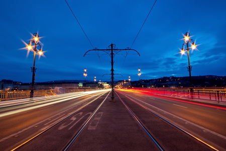 City lights on Margaret bridge in Budapest, Hungaryの写真素材
