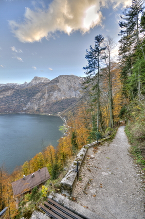 Beautiful village of Hallstatt  on the side of a lake in the Alps in Austriaの写真素材