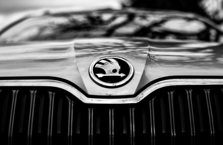 BUDAPEST, HUNGARY - MARCH 26, 2016: Detail of Skoda logo on a car.のeditorial素材