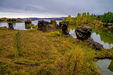 Rock formations at Lake Myvatn in Icelandの写真素材
