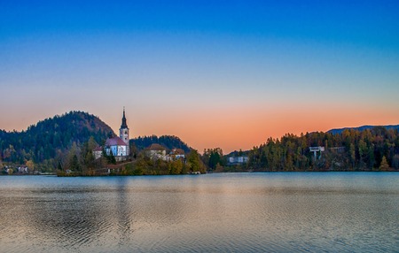 Lake Bled and the church in Slovenia at eveningの写真素材