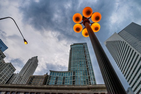 Street lights in downtown of Chicagoの写真素材