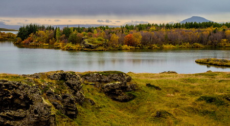 Beautiful area of Lake Myvatn in northern Icelandの写真素材