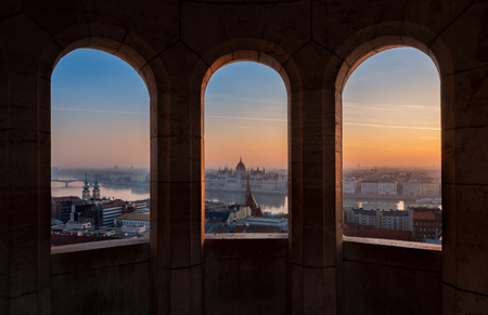 Budapest, Parliament view through Fishermans Bastion, Hungaryの写真素材