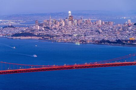 San Francisco Golden Gate Bridge and City Skyline Over the Bay at Blue Hour