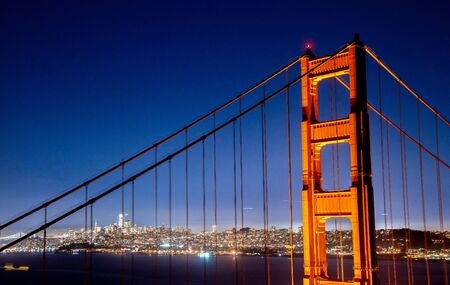 San Francisco Golden Gate Bridge and City Skyline Over the Bay at Blue Hourの写真素材