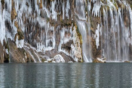 Frozen Waterfalls in Plitvice National Park, Croatiaの写真素材
