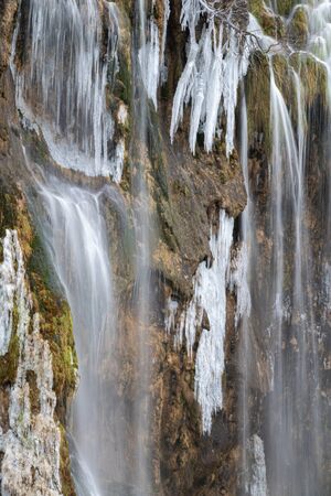 Frozen Waterfalls in Plitvice National Park, Croatiaの写真素材