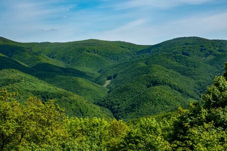 Green hills and cludy skyの写真素材